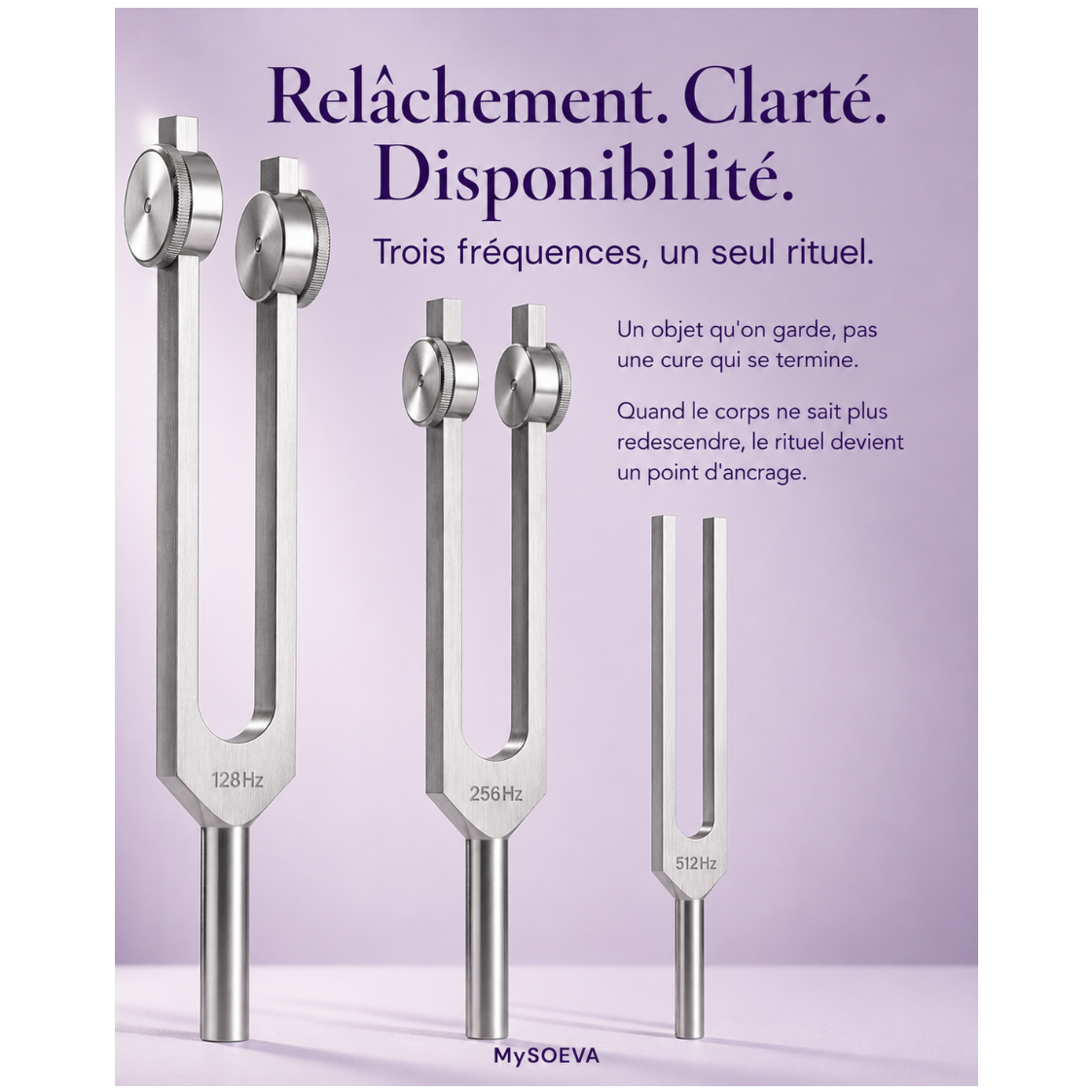 Rituel Trio Complet MySOEVA avec trois diapasons 128Hz, 256Hz et 512Hz sur fond violet clair.