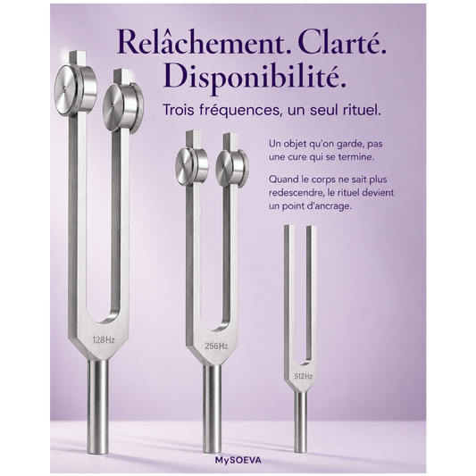 Rituel Trio Complet MySOEVA avec trois diapasons 128Hz, 256Hz et 512Hz sur fond violet clair.