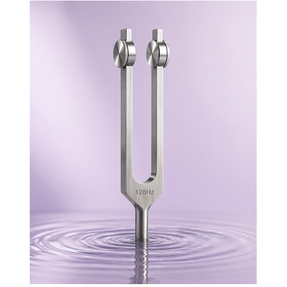 Diapason MySOEVA 128Hz sur fond violet apaisant avec ondulations d’eau.
