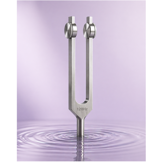 Diapason MySOEVA 128Hz sur fond violet apaisant avec ondulations d’eau.